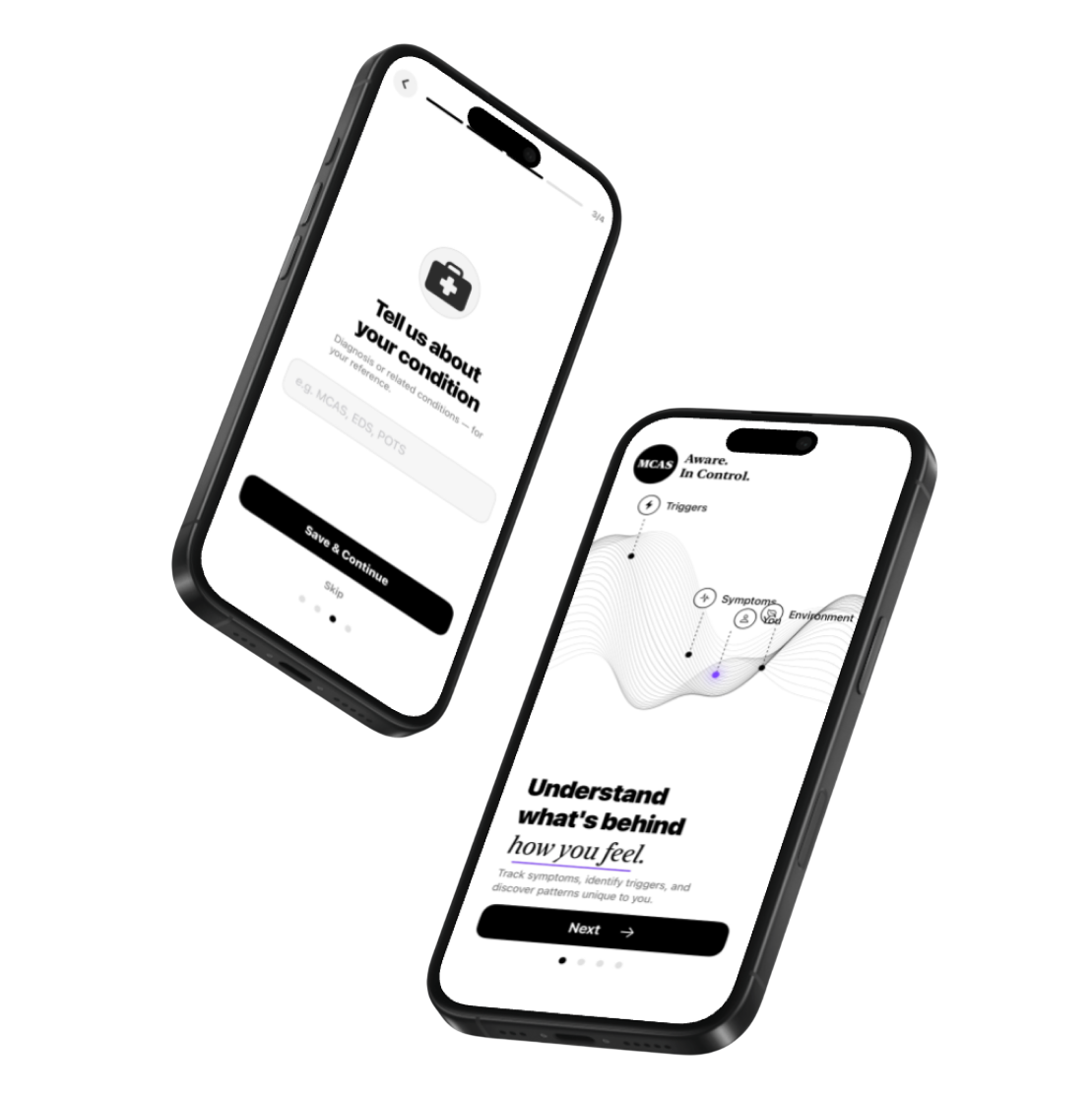 The MastCell Tracker app shown on two iPhones — condition setup and the 'Understand what's behind how you feel' onboarding screen